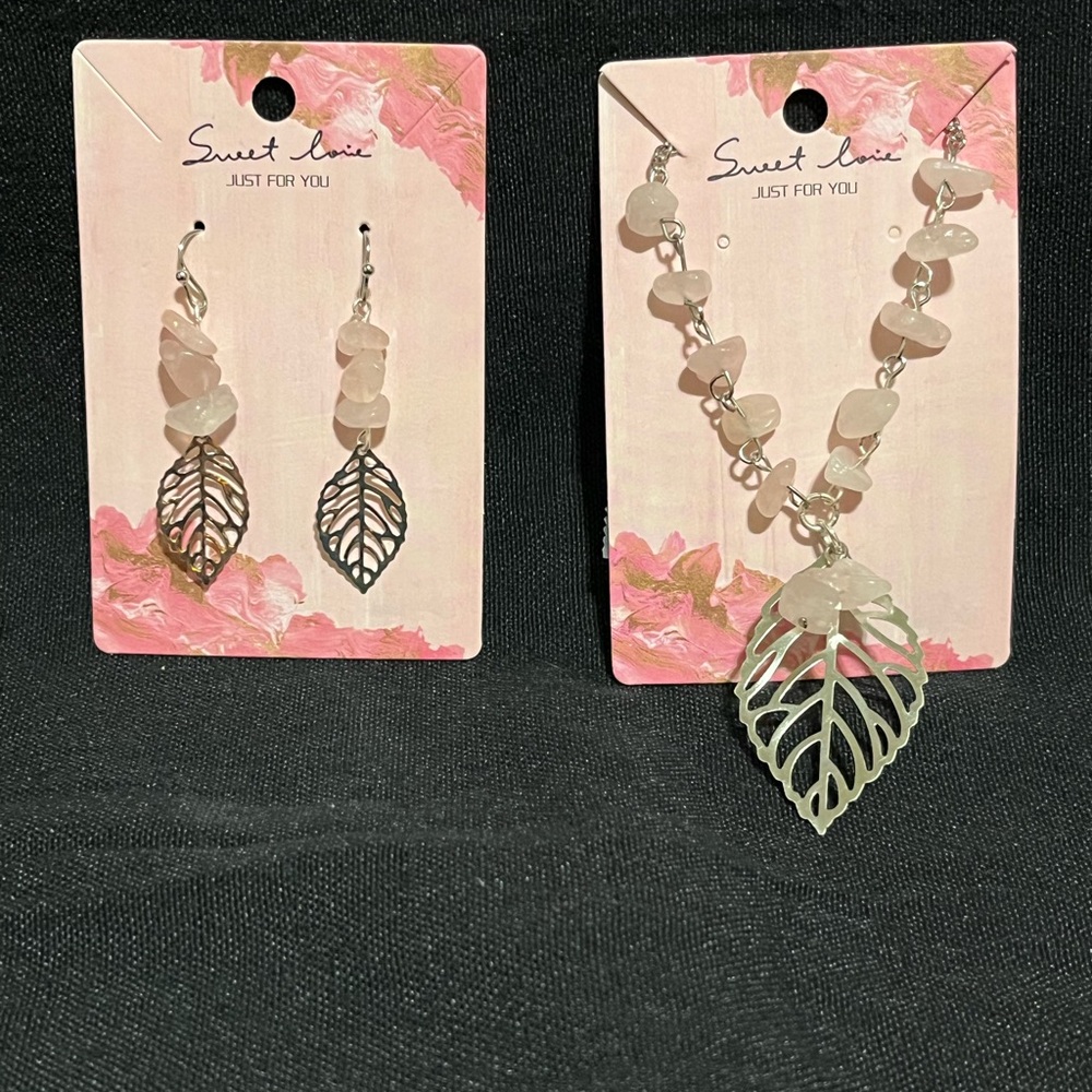 Silver and Pink Leaf Jewelry Set